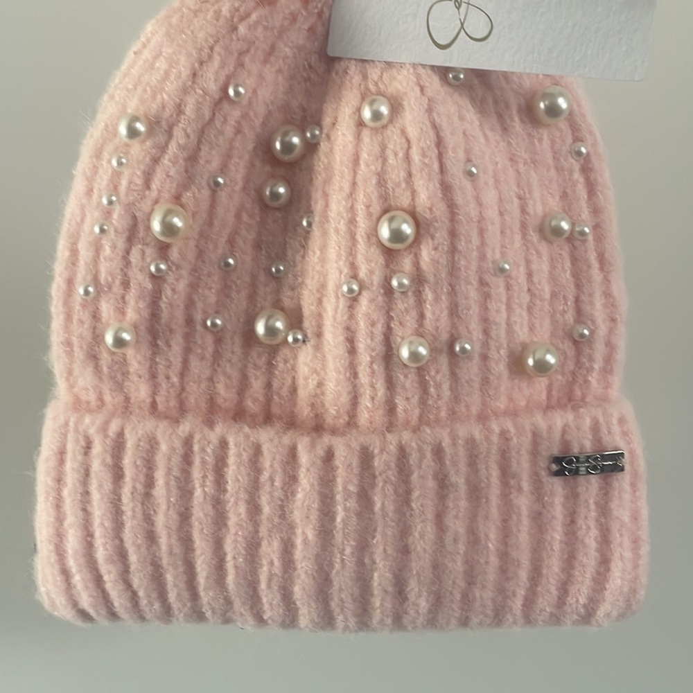 Jessica Simpson hat Women Pink White Pearl Knit Cuffed Beanie Hat New size OSFM - Picture 6 of 6